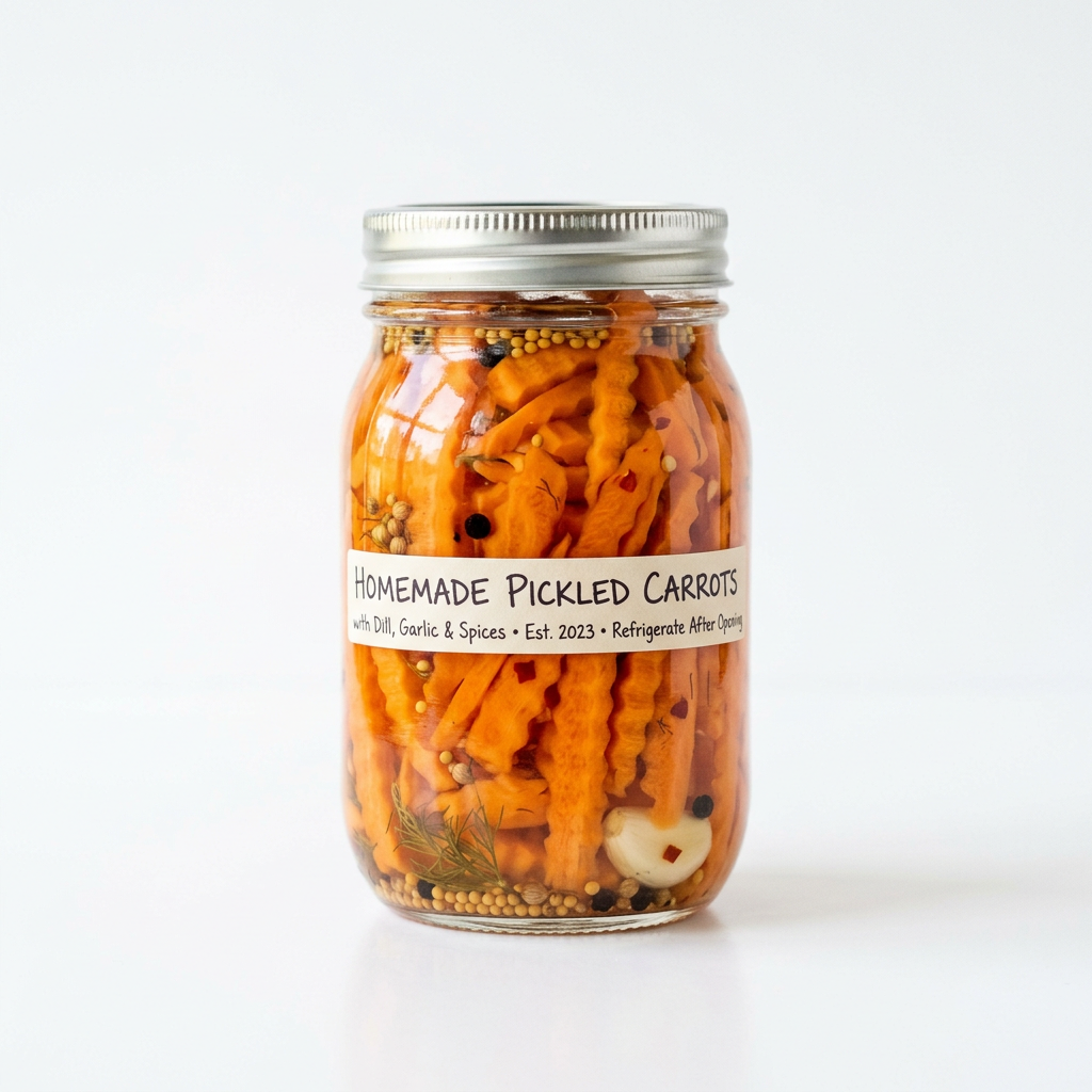 Jar of homemade pickled carrots with dill, garlic, and spices