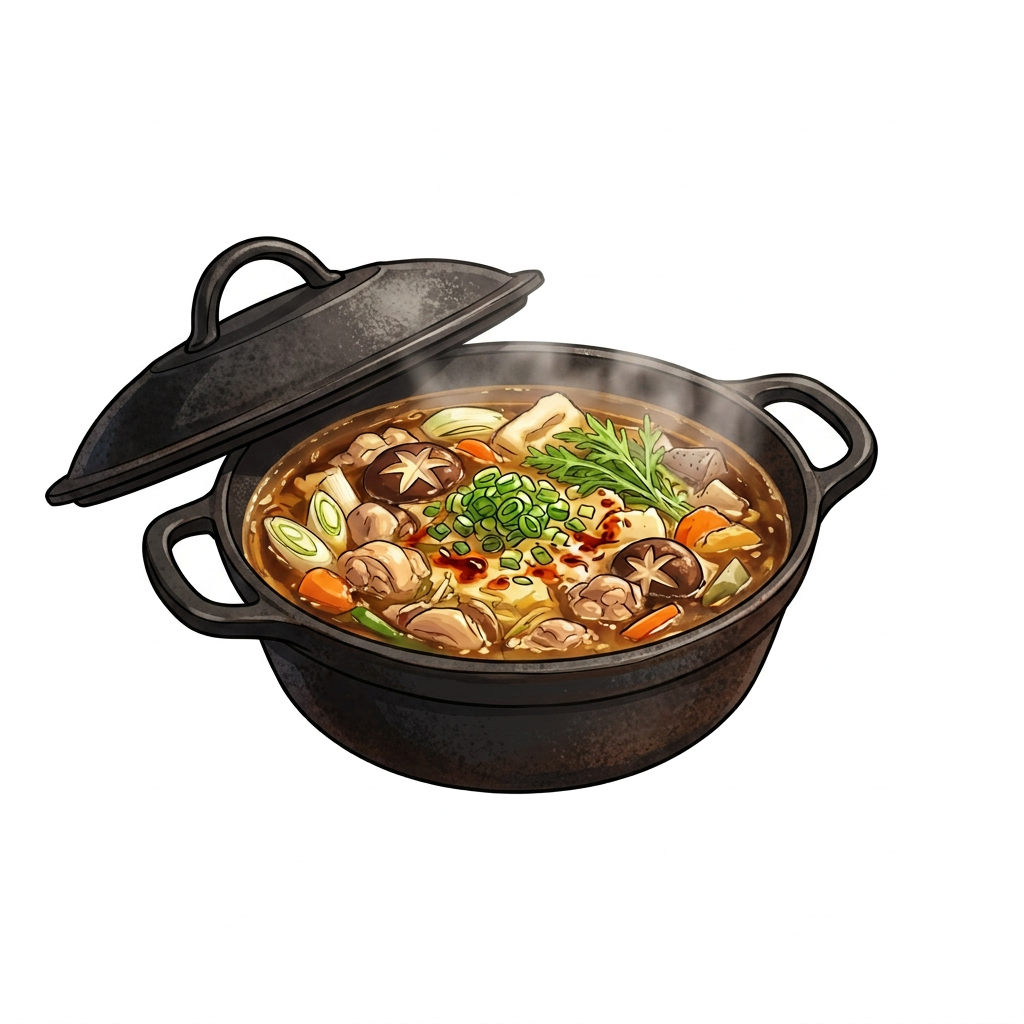 Steaming Japanese hot pot with vegetables, mushrooms, tofu, and meat
